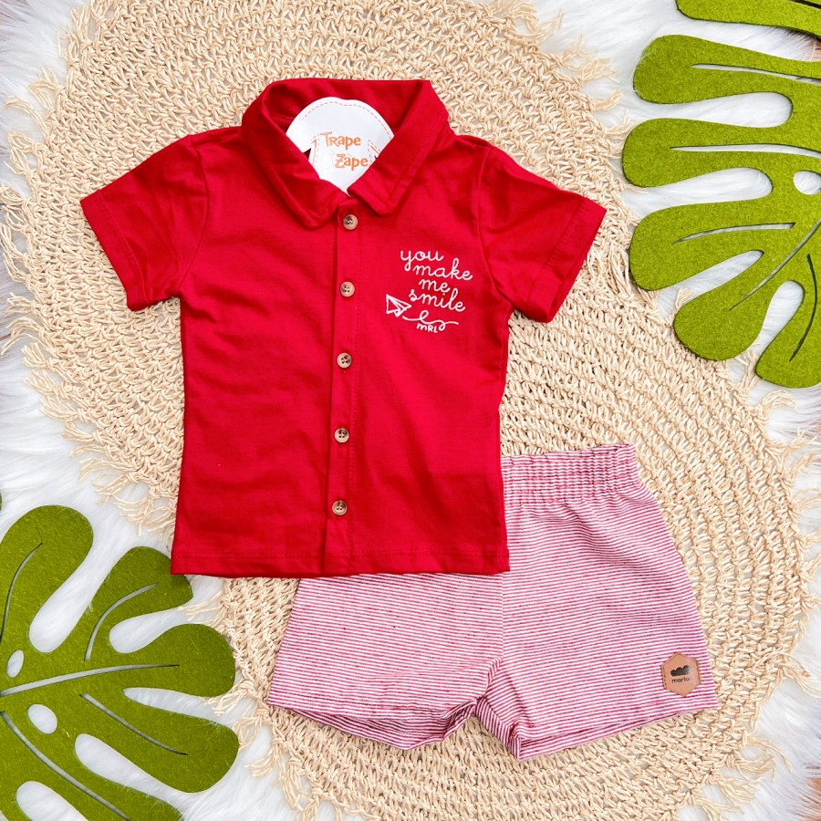 Conj. Camisa "You Make Me Smile" e Bermuda Listrada - Vermelho